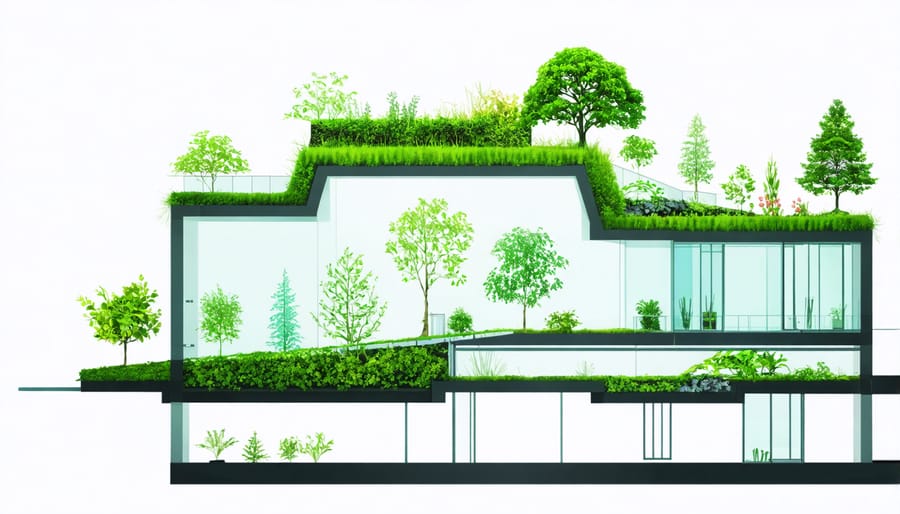 Illustration of a green roof cross-section highlighting its components and benefits