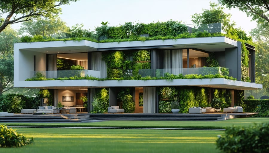 Sustainable home design incorporating green roof and living wall elements