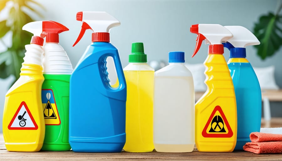 Toxic conventional cleaning products with hazard symbols