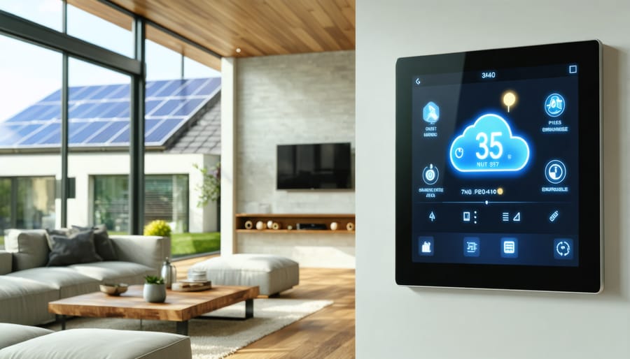 Digital representation of a smart energy management interface controlling an eco-friendly home with solar panels.