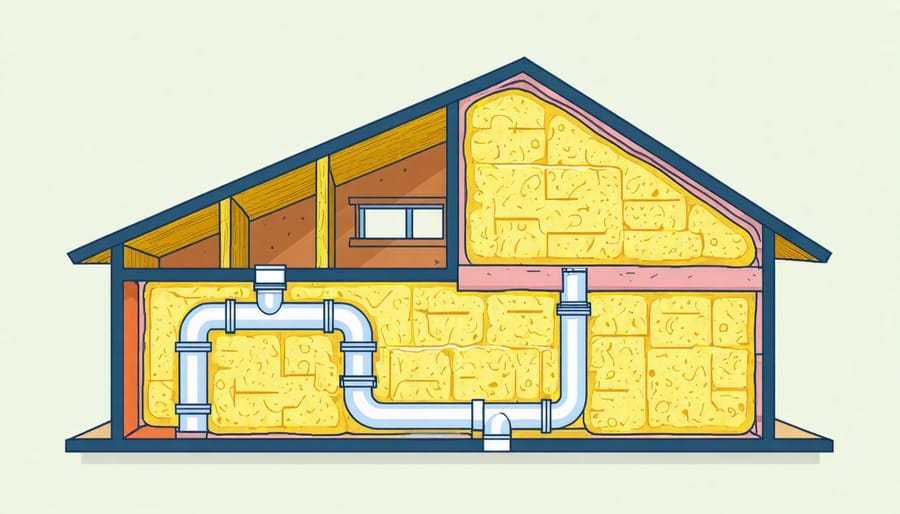 Illustration of a home with added insulation in the attic, walls and plumbing to improve energy efficiency