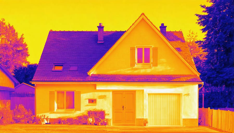 Infrared thermal image of home exterior showing areas of energy loss in red and orange colors