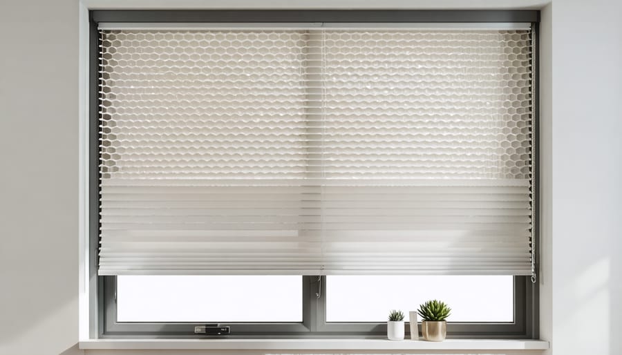 Partially open honeycomb shades revealing their insulating cellular design