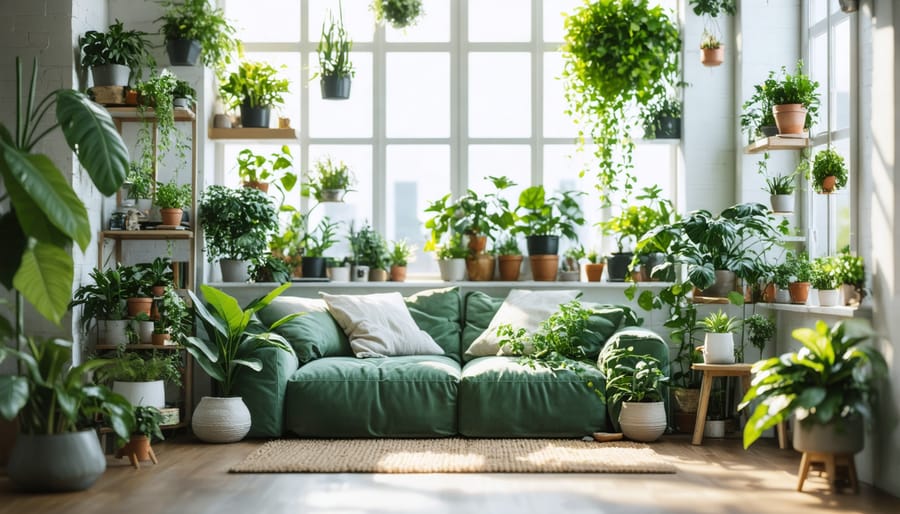 Interior living space incorporating plants, natural materials, and abundant sunlight