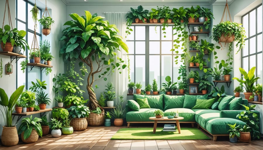 A modern living room showcasing various indoor plant decor ideas, featuring a tall fiddle leaf fig tree, a vibrant living wall, sky planters, and a terrarium on a coffee table.