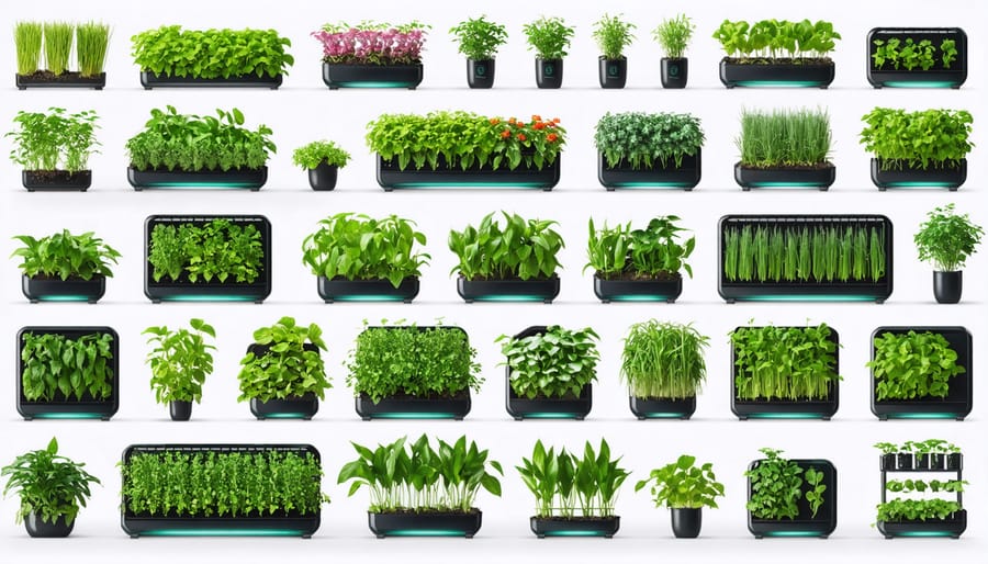 Various indoor smart gardening systems with thriving plants