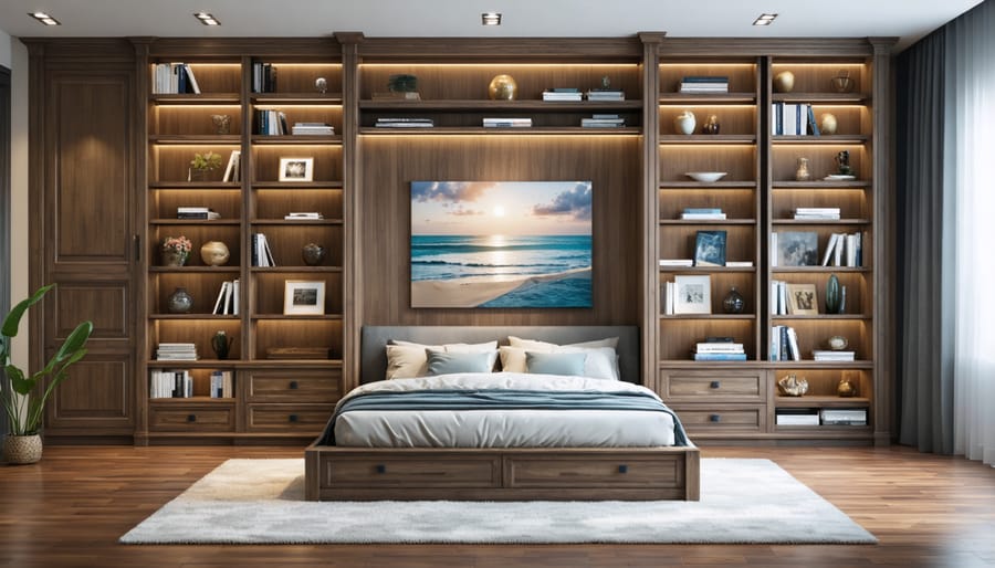 Illustration of a Murphy bed's ability to blend into a room's decor and storage solutions