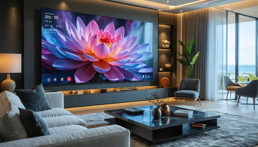 A modern living room with a dynamic digital art display and a smart mirror combining aesthetic appeal with smart technology.