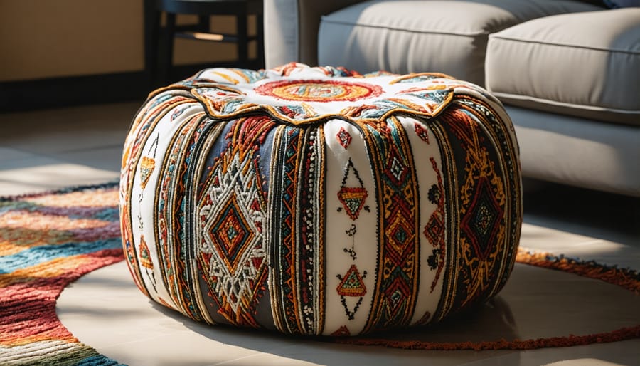 Decorative pouf with detailed embroidery and distinctive design