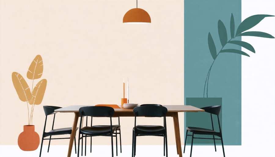 Modern dining space with color-blocked walls and simple geometric furniture in primary colors