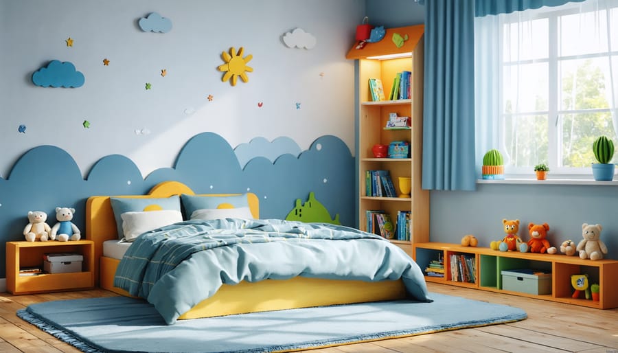 Minimalist children's bedroom with colorful geometric furniture and simple primary-colored decor