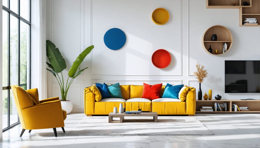 Kindercore-styled living room with yellow sofa, red accent chair, and blue geometric wall art