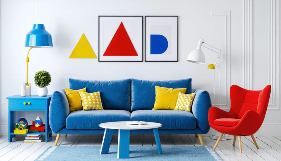 A living room showcasing the kindercore aesthetic with a blue sofa, red accent chair, and geometric decor elements like triangle wall art and a round coffee table.