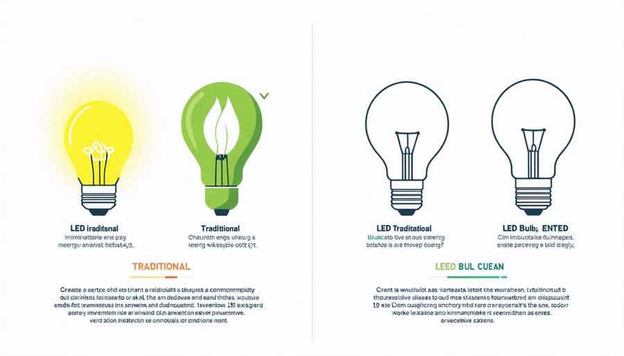 Side-by-side comparison chart of energy usage between traditional incandescent and LED light bulbs