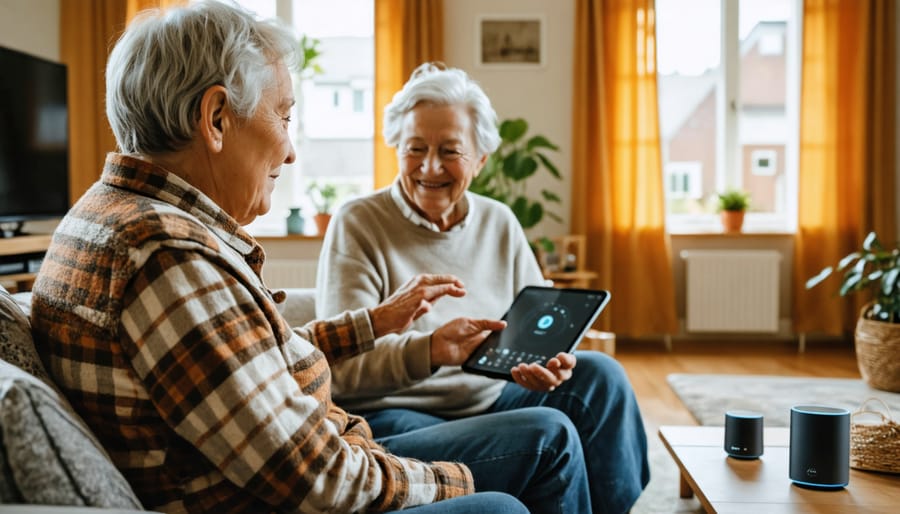 An elderly couple in their living room, using voice commands to control smart lighting, showcasing how home automation enhances comfort and safety for seniors.