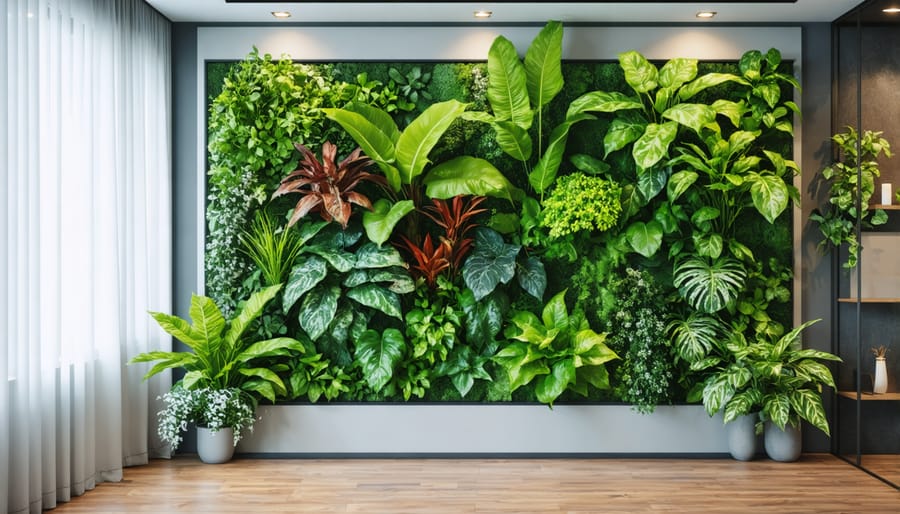 Indoor living wall with assorted plants in a well-lit living room