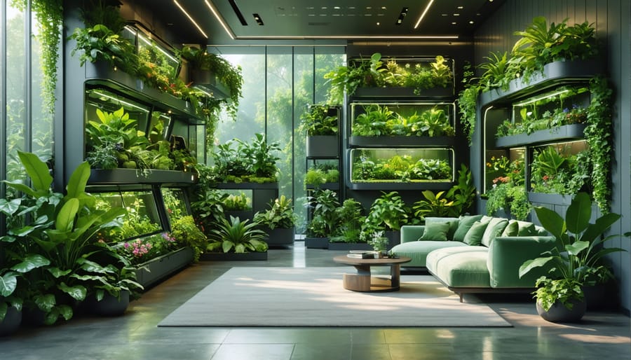 A beautifully designed indoor space with smart gardening units showcasing vibrant plants and modern technology, creating a lush home oasis.