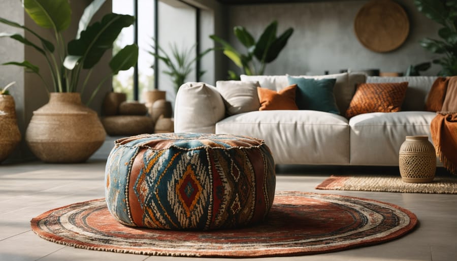 A sophisticated Moroccan leather pouf with intricate patterns, displayed in a modern living room setting, symbolizing luxury and quality craftsmanship.