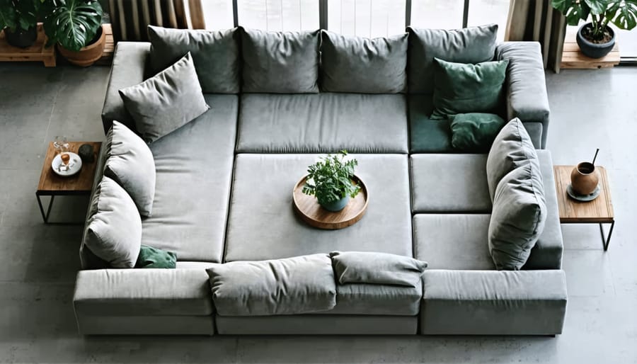 Modular sofa pieces rearranged to demonstrate layout flexibility in a small space