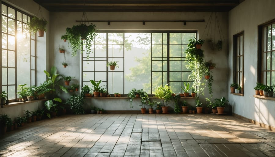 Living room with strategically placed windows allowing for natural cross ventilation