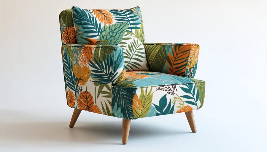 Eco-friendly armchair upholstered in organic cotton fabric featuring a colorful, nature-inspired pattern