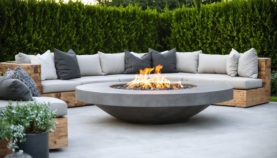 Cozy outdoor lounge area with seating arranged around a central fire pit