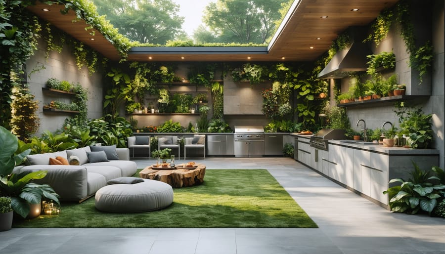 A beautifully designed outdoor living space featuring plush seating, ambient lighting, a modern grill, and a verdant vertical garden, illustrating a harmonious blend of comfort and technology in a garden oasis.