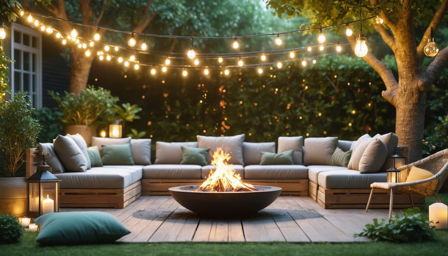 Welcoming outdoor living space featuring cozy seating, lighting, and a fire pit