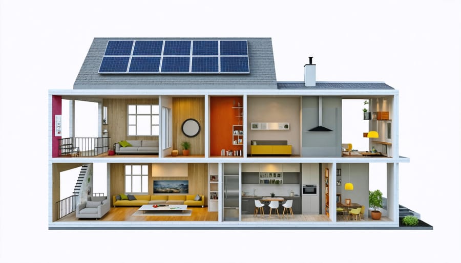 Illustration of a home utilizing passive solar design strategies for heating and cooling