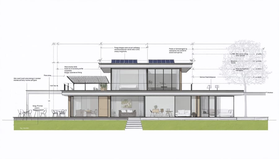 Illustration of passive solar design strategies for zero energy homes