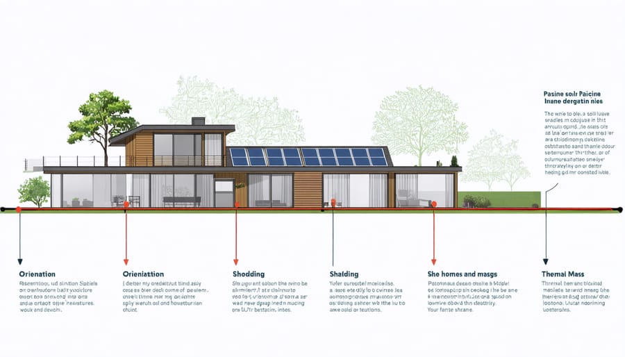 Illustration of key passive solar design strategies for energy efficient homes