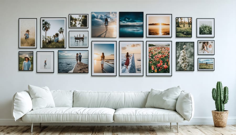 Personalized gallery wall combining photographs, artwork, and decorative elements