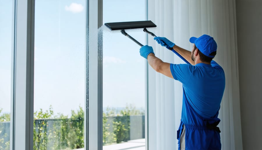 A professional cleaner using a squeegee on a large window, showcasing the effectiveness of expert window cleaning for achieving spotless, streak-free glass.