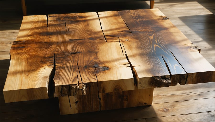 Reclaimed wood coffee table with distinctive grain patterns and a rustic finish