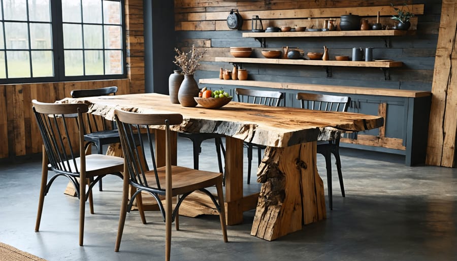 Reclaimed wood dining table and chairs in a rustic style