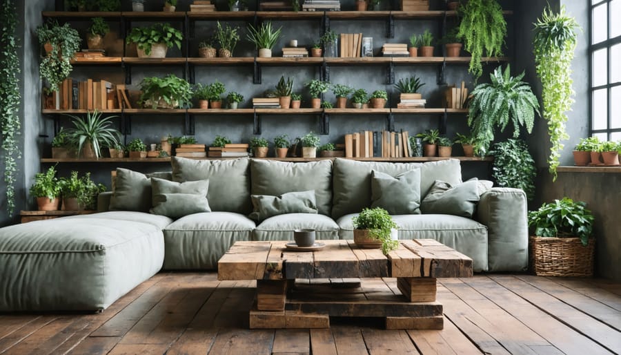 Cozy living room featuring reclaimed wood furniture and decor