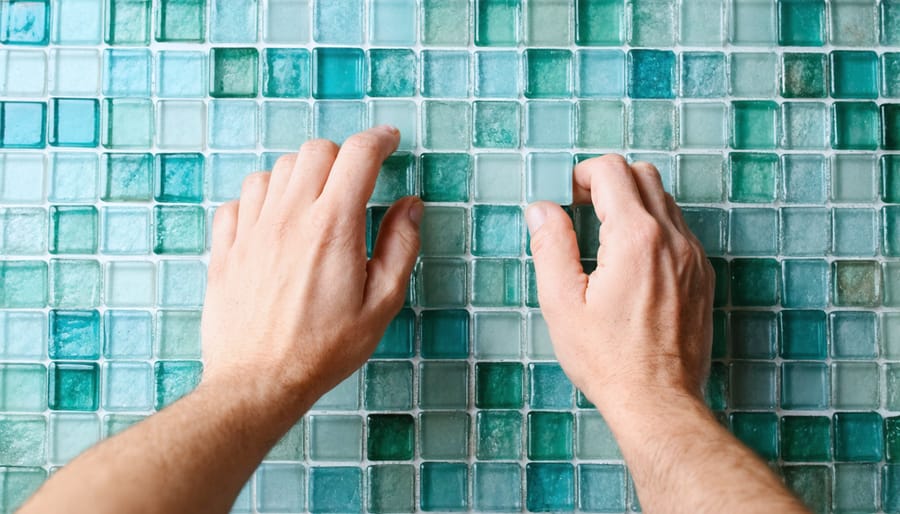 Person creating a colorful mosaic backsplash with repurposed glass tiles