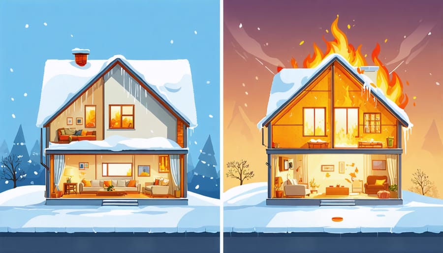 Illustration showing the impact of effective insulation in a cozy home interior during winter, contrasted with the lack of insulation allowing cold air drafts to enter through gaps.