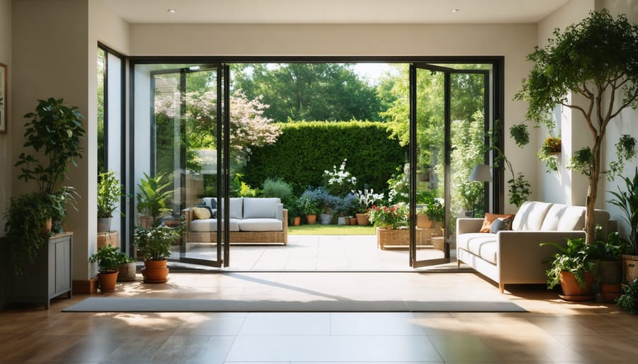 Sunlit living room with folding glass doors opening to a patio, showcasing a seamless transition between indoor and outdoor spaces with consistent flooring and abundant natural elements.