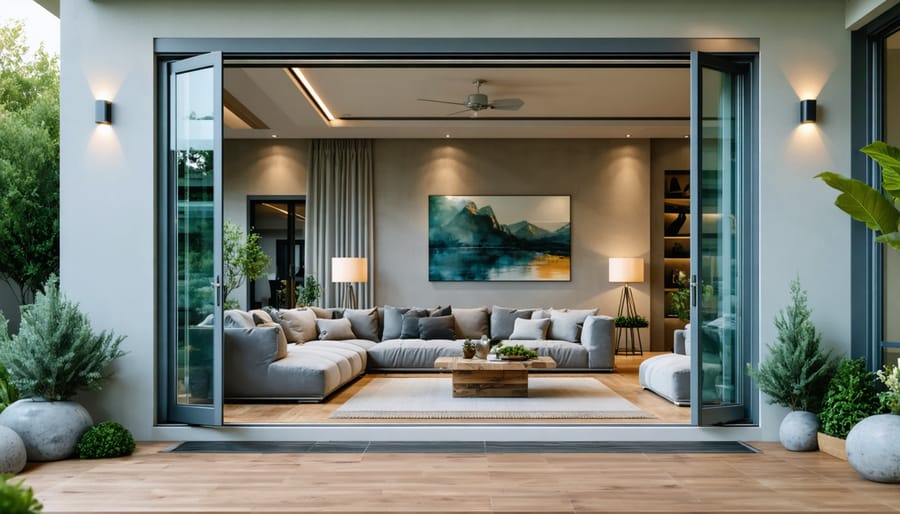 Indoor living room connected to an outdoor patio via folding glass doors