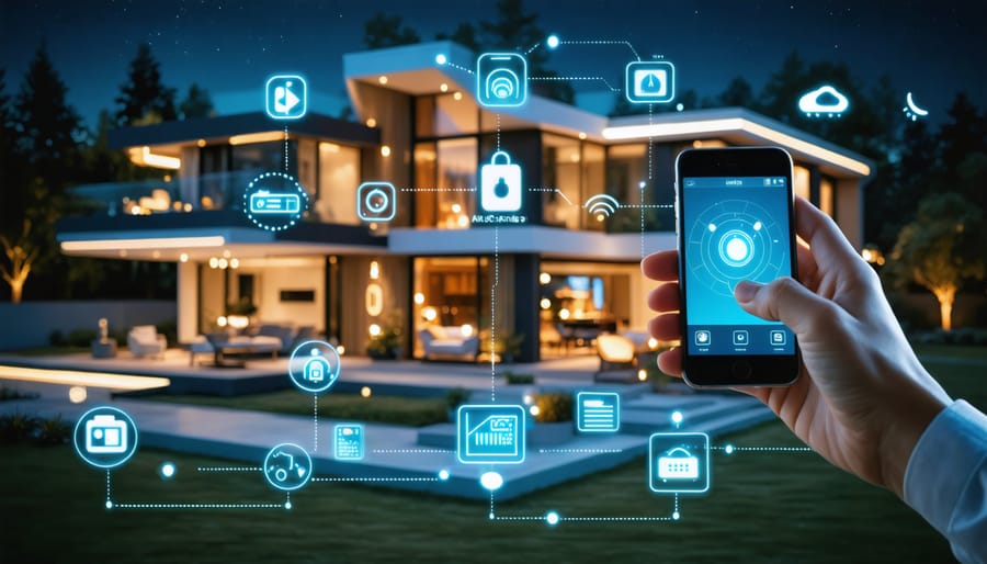 A conceptual depiction of a modern home secured with smart devices, demonstrating self-monitoring using a smartphone.