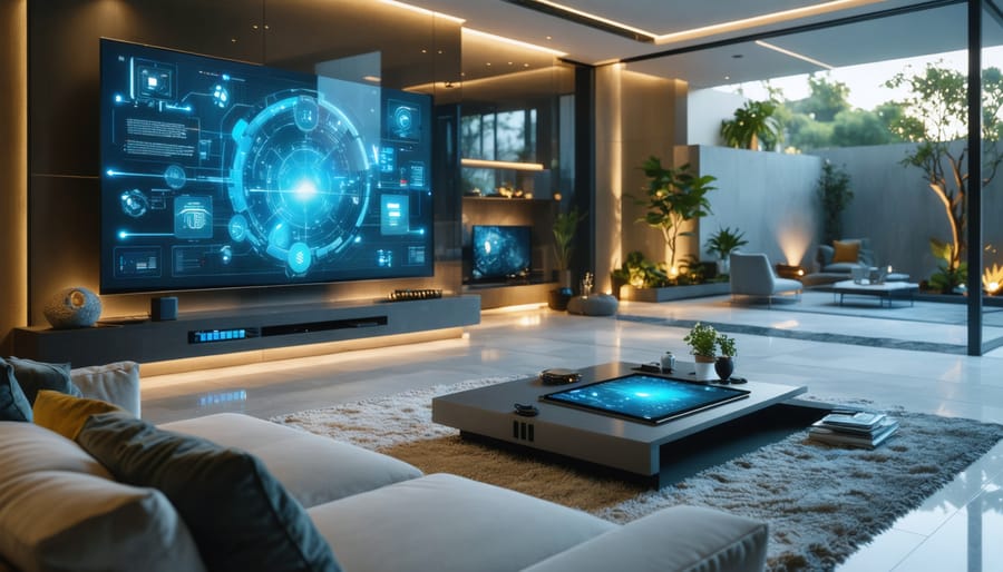 Modern living room transformed into a smart digital home hub, featuring integrated smart devices including lighting, speakers, and a central control system.