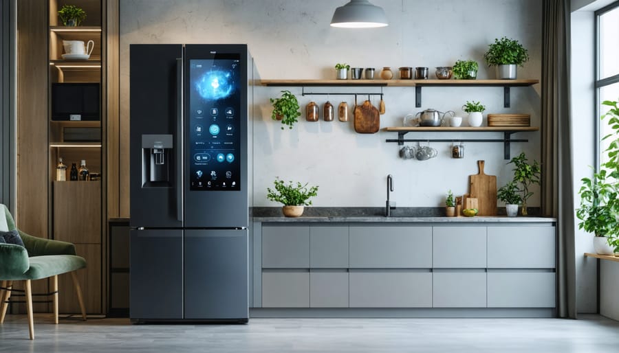 Smart refrigerator with digital display in contemporary kitchen setting