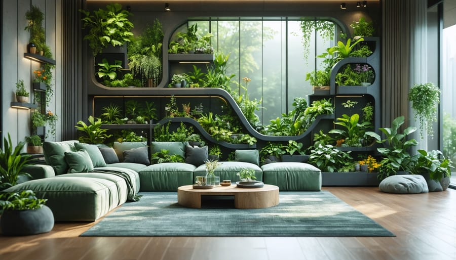 Indoor smart garden beautifully incorporated into a living room's decor