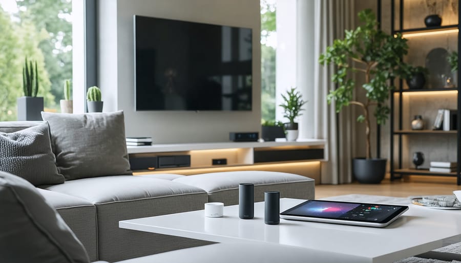 Smart home living room setup with connected devices and central control system