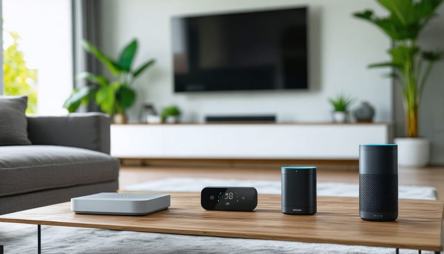 Smart home devices integrated into a modern living room setting