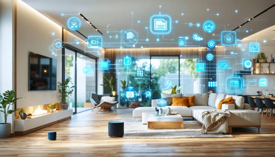 A modern living room featuring integrated smart home devices such as a smart thermostat, smart lighting, and voice-controlled speakers, showcasing the interconnectedness and innovation of smart home technology.