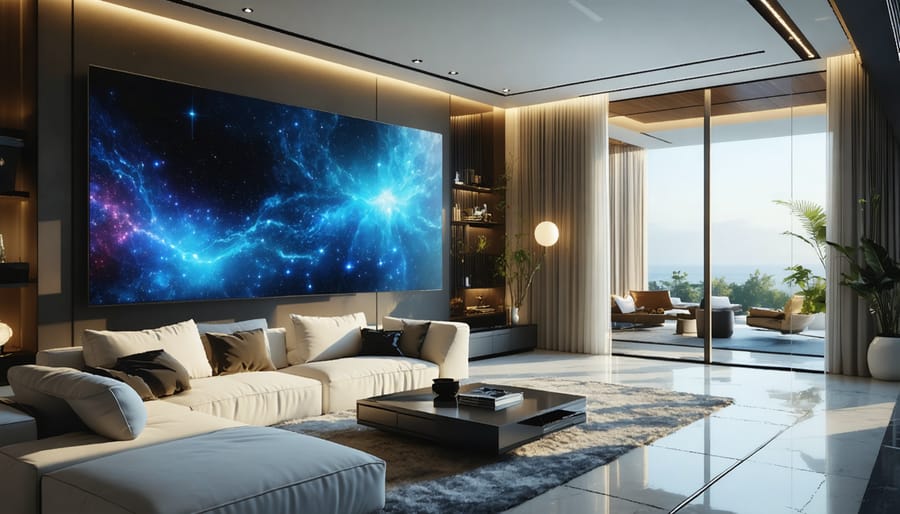 Interactive digital art wall and smart mirror integration in a contemporary living space