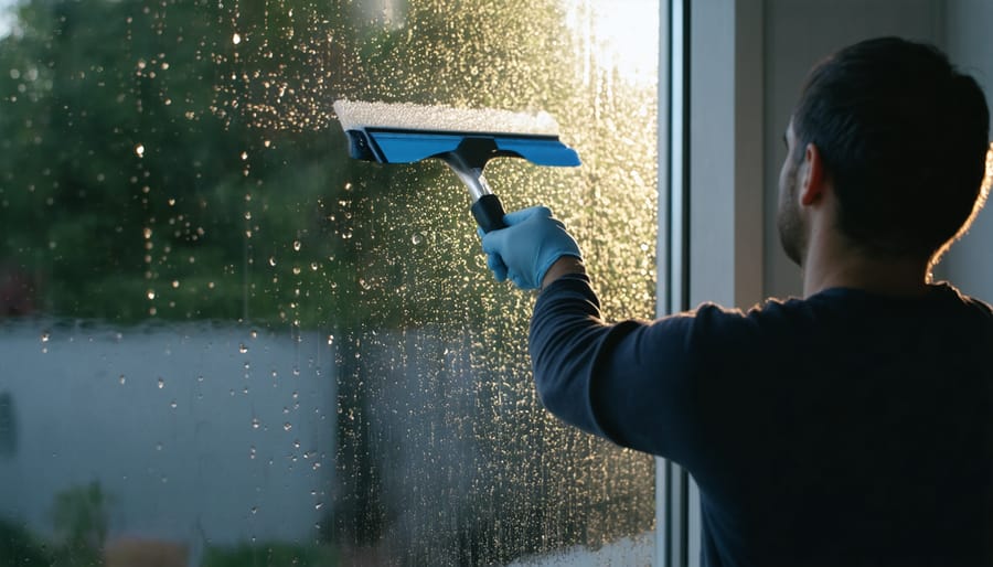 Demonstration of effective window cleaning technique with a squeegee