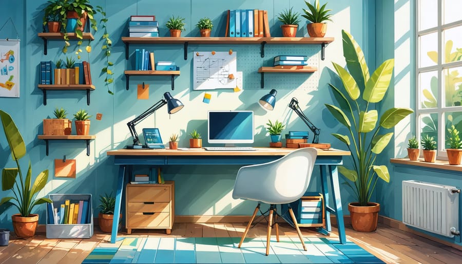 Stylish small home office setup featuring ergonomic furniture, vertical storage, and ample natural light.